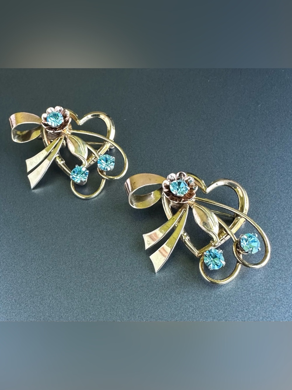 Rare VTG Brooches 12K Gold Filled HARRY ISKIN Aqua Rhinestone Bow Pin SET of 2